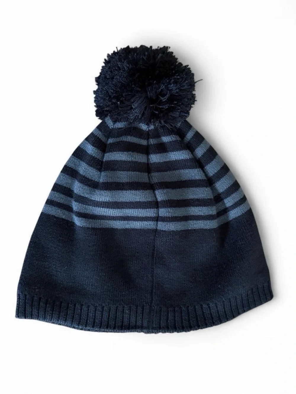 Nike Youth Kids Pom Pom Beanie - Black + Gray Striped with Swoosh